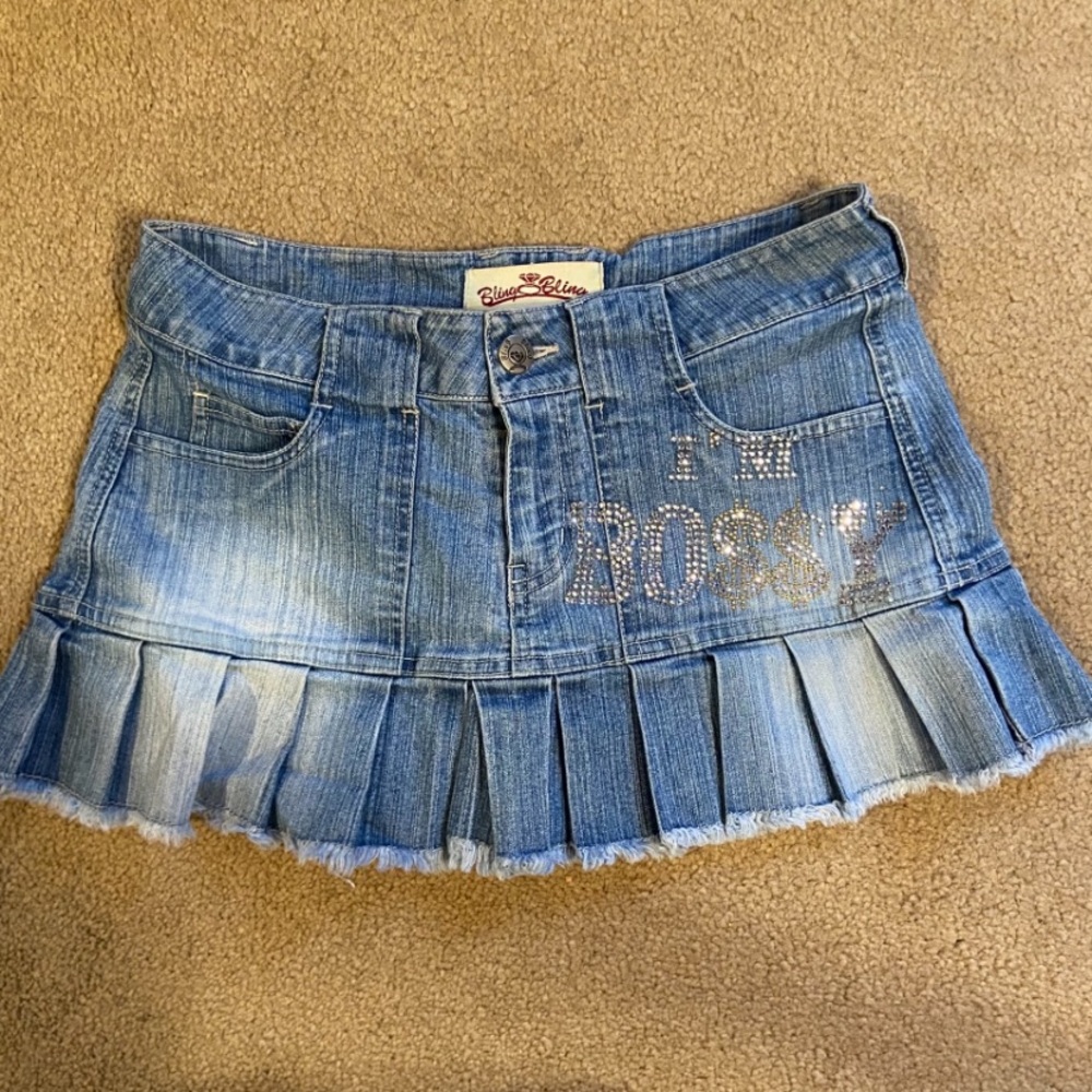 Bedazzled Mini Denim Pleaded Skirt Y2K “IM BO$$Y”